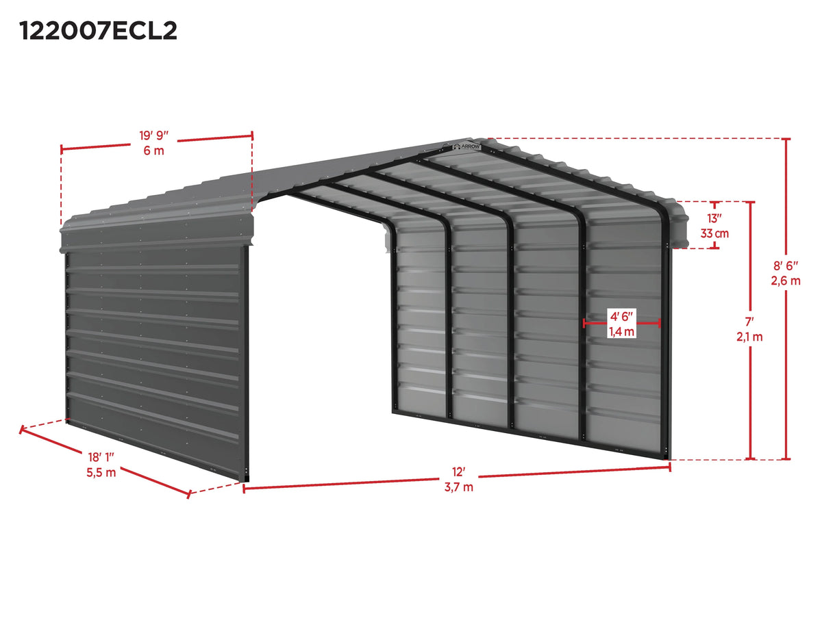 Galvanized Steel Carport Kit, 12' x 20' x 7', Charcoal X3591