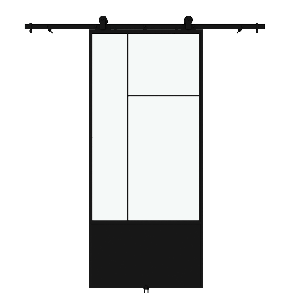 3/4 Lite Clear Glass Black Metal Finish Sliding Barn Door with Hardware Kit B11223