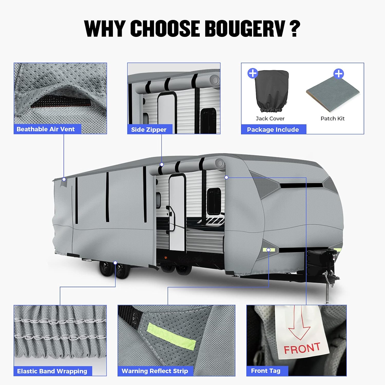Gray Windproof Travel Trailer RV Snow Cover with Jack Cover & Patch Kit C73302
