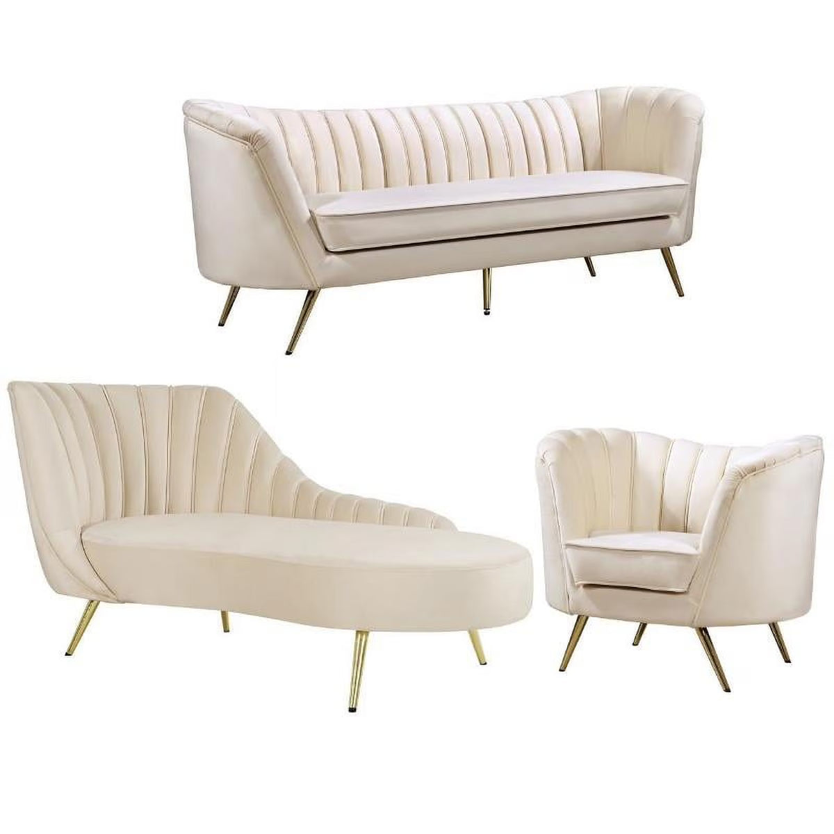 Cream and Gold 3-Piece Accent Chair Chaise and Sofa Set F788