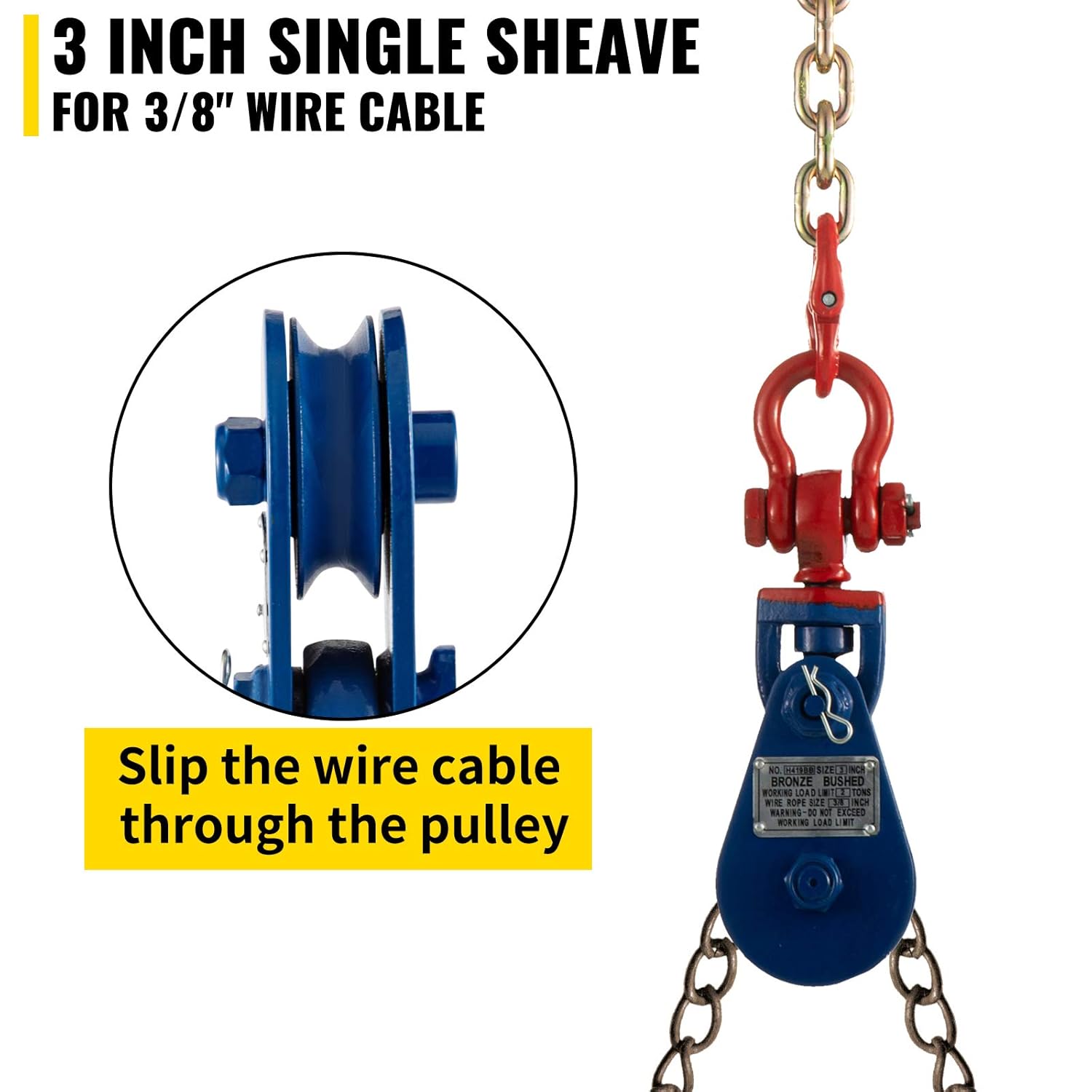 2ton Snatch Block with Chain, 4400 lbs Capacity, 3'' Single Sheave Block w/Swivel Hook, G70 Chain, Fit 3/8'' Wire Cable, Pack of 2 I309494