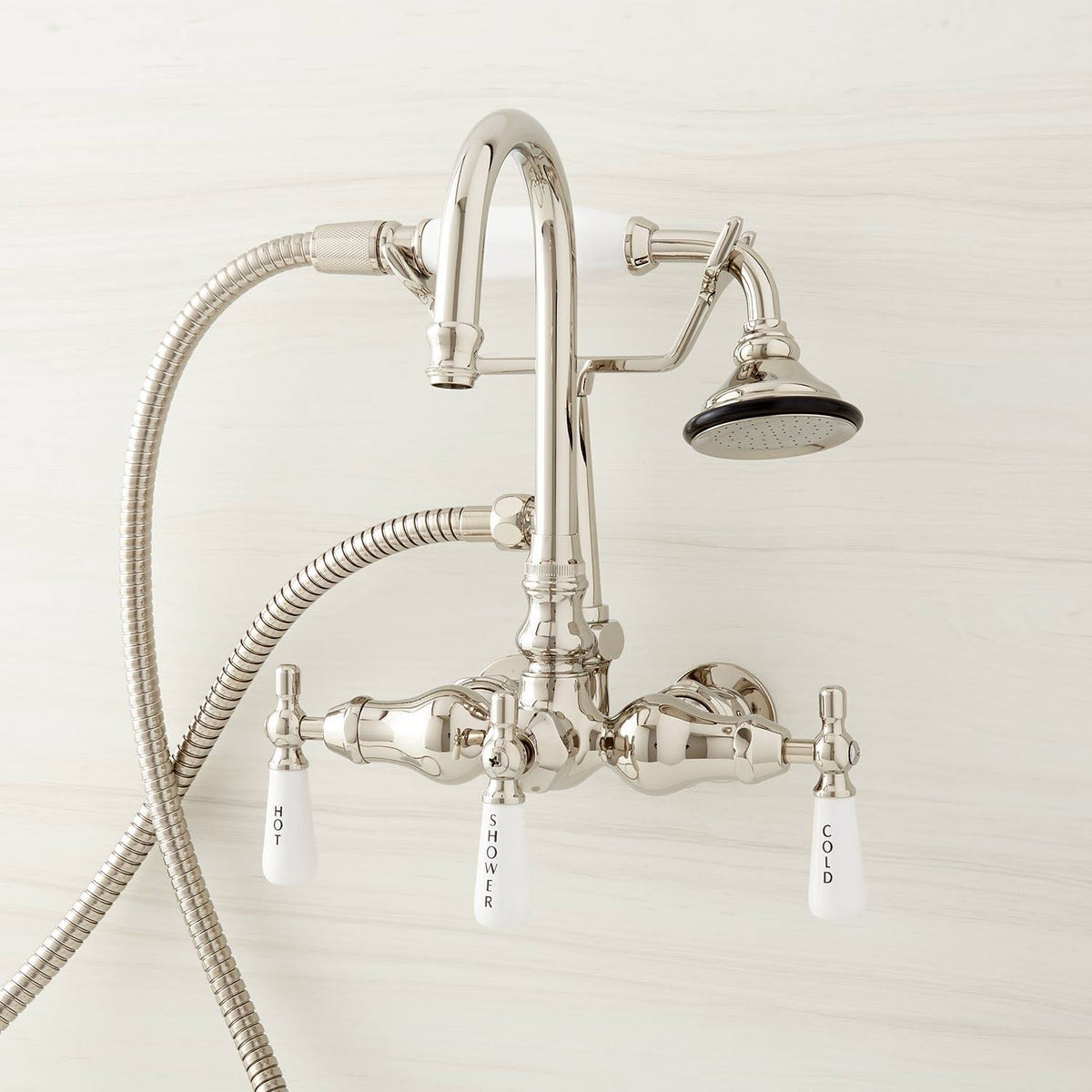 Polished Nickel Gooseneck Tub Faucet with Hand Shower and Wall Couplers Y2205