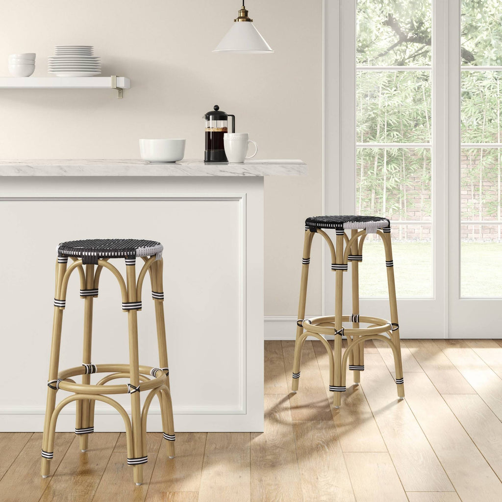 Rattan Backless Woven Barstool Black/White W998