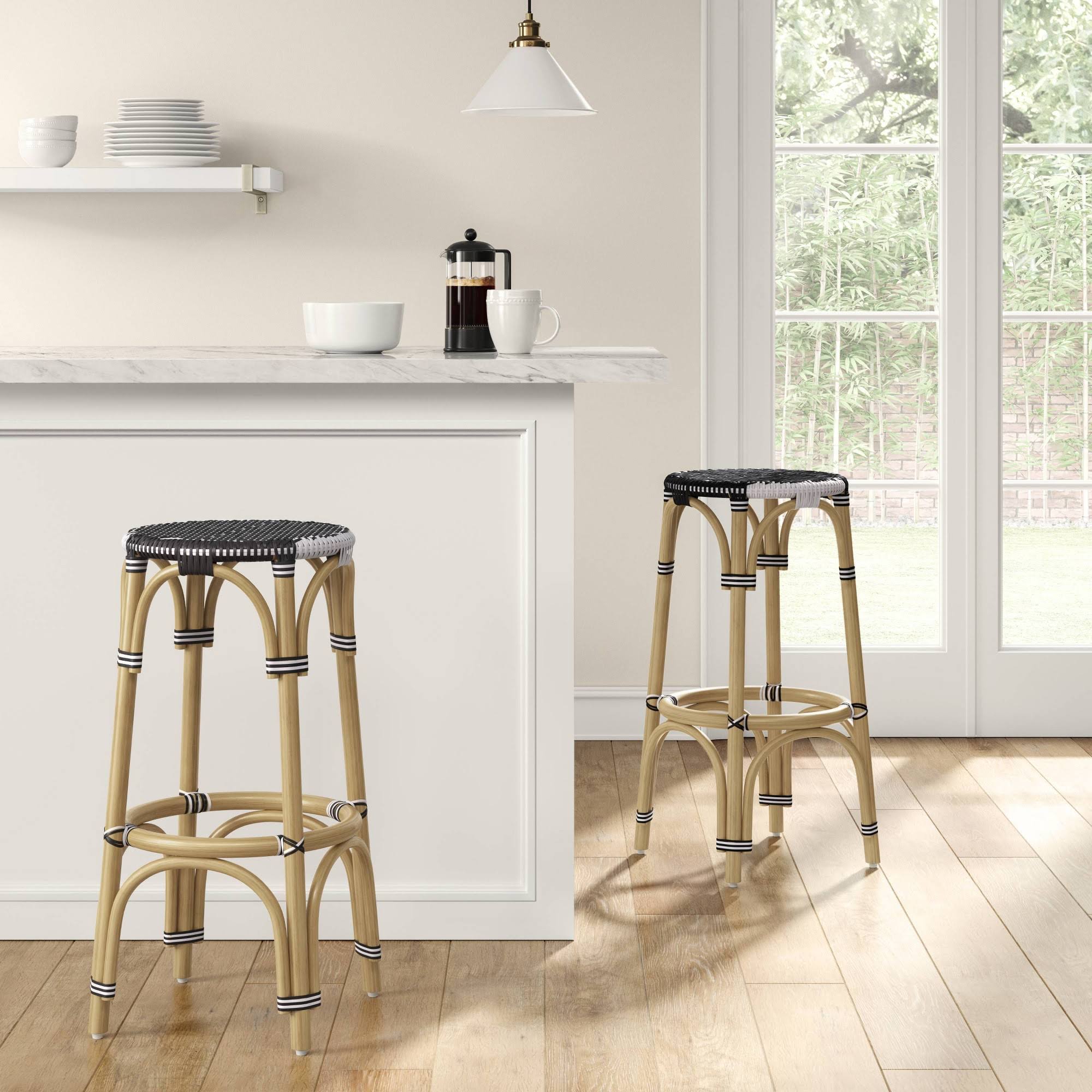 Rattan Backless Woven Barstool Black/White W998