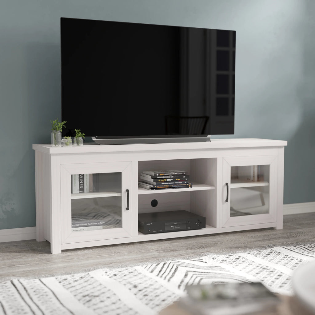 White Wash 65" TV Stand with Glass Doors and 3 Shelves V453235