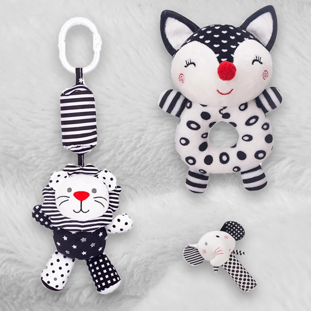 3PCS Black and White Baby Rattles Plush Stuffed Animal Rattle W917226