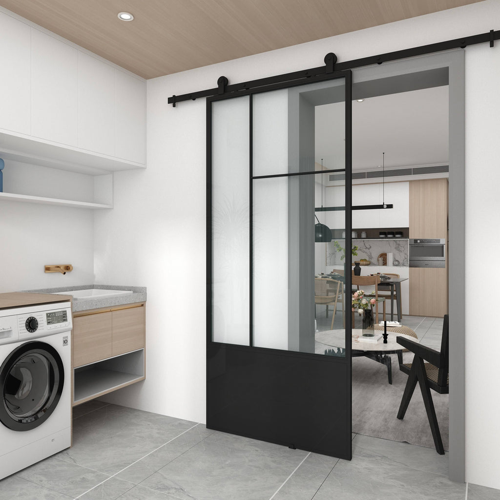 3/4 Lite Clear Glass Black Metal Finish Sliding Barn Door with Hardware Kit B11223