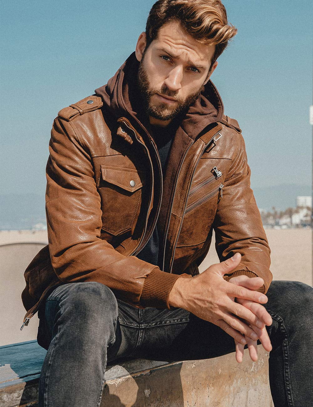 Brown Real Leather Jacket with Removable Hood X42432