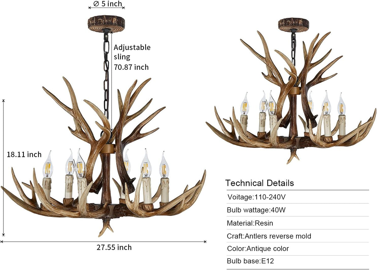Antler Chandelier 6 Light Large Faux Resin Brown T7469