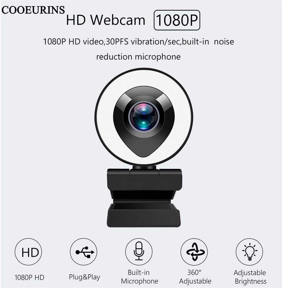PC Webcam 1080P HD Computer Camera with Adjustable Ring Light & Microphone T27555