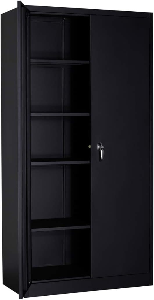 Black Metal Storage Cabinet with 4 Adjustable Shelves and 2 Locking Doors W597