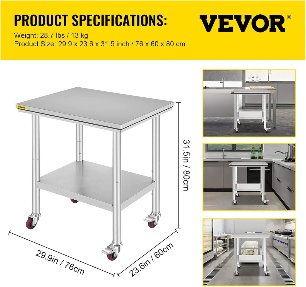 Stainless Steel Work Table with Wheels 24 x 30 x 32 Inch E1255