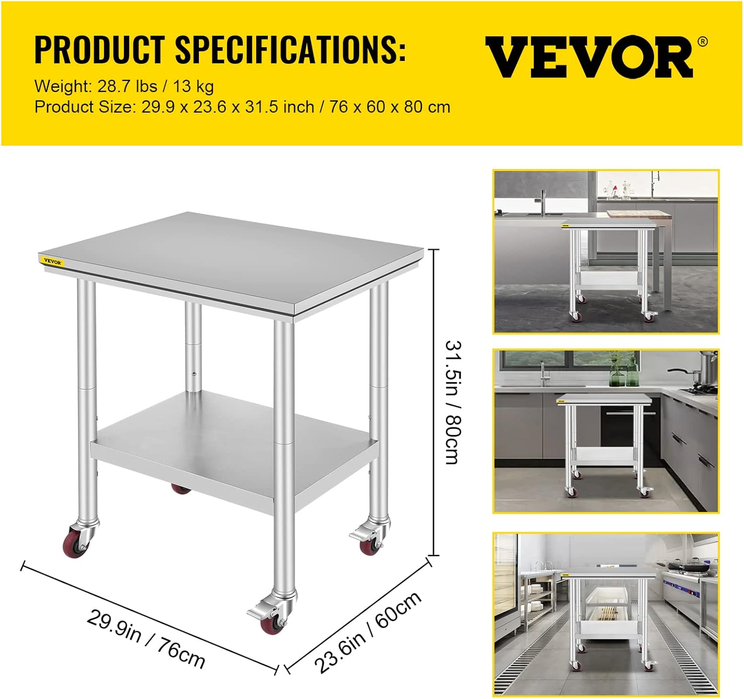 Stainless Steel Work Table with Wheels 24 x 30 x 32 Inch E1255