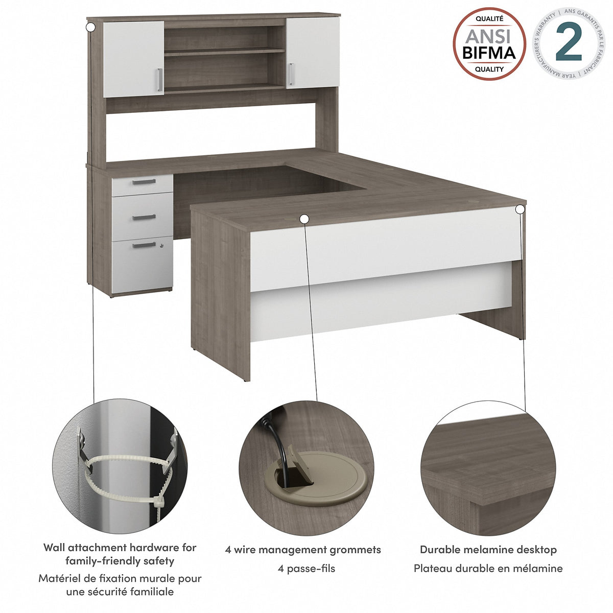 Silver Maple/Pure White U-Shaped Computer Desk With Hutch M3992