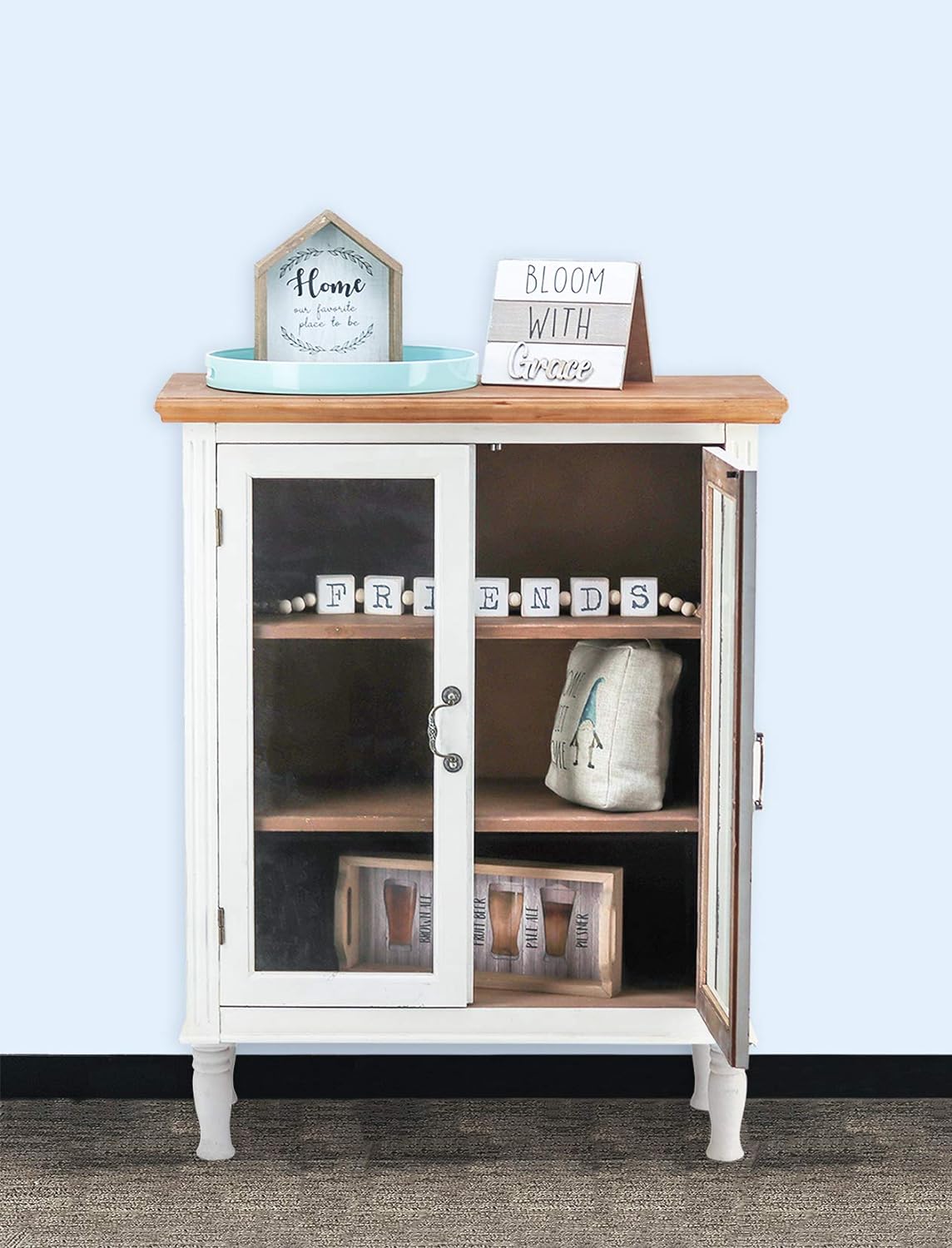Rustic Farmhouse Buffet Sideboard Storage Cabinet with 2 Glass Doors, 3 Shelves, Natural Wood Top, Distressed White Cabinet, 42 H Y2561