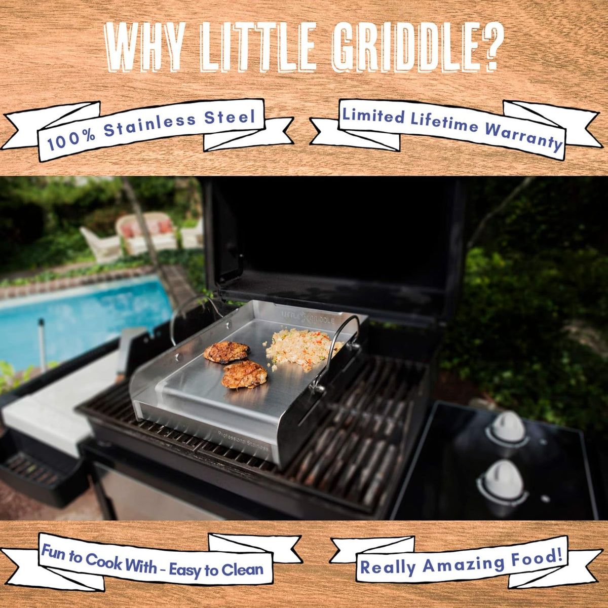 100% Stainless Steel Griddle with Removable Handles (25x16x6.5) V131