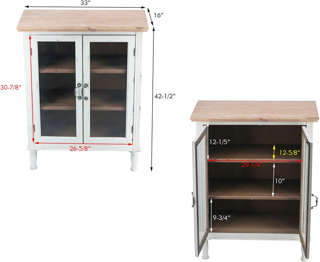 Rustic Farmhouse Buffet Sideboard Storage Cabinet with 2 Glass Doors, 3 Shelves, Natural Wood Top, Distressed White Cabinet, 42 H Y2561