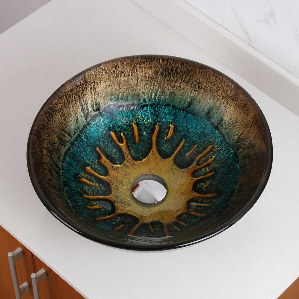 Volcanic Pattern Tempered Glass Bathroom Vessel Sink with Chrome Faucet Combo Y295