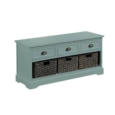 Green Wood Storage Bench with 3 Drawers and 3 Woven Baskets X156261