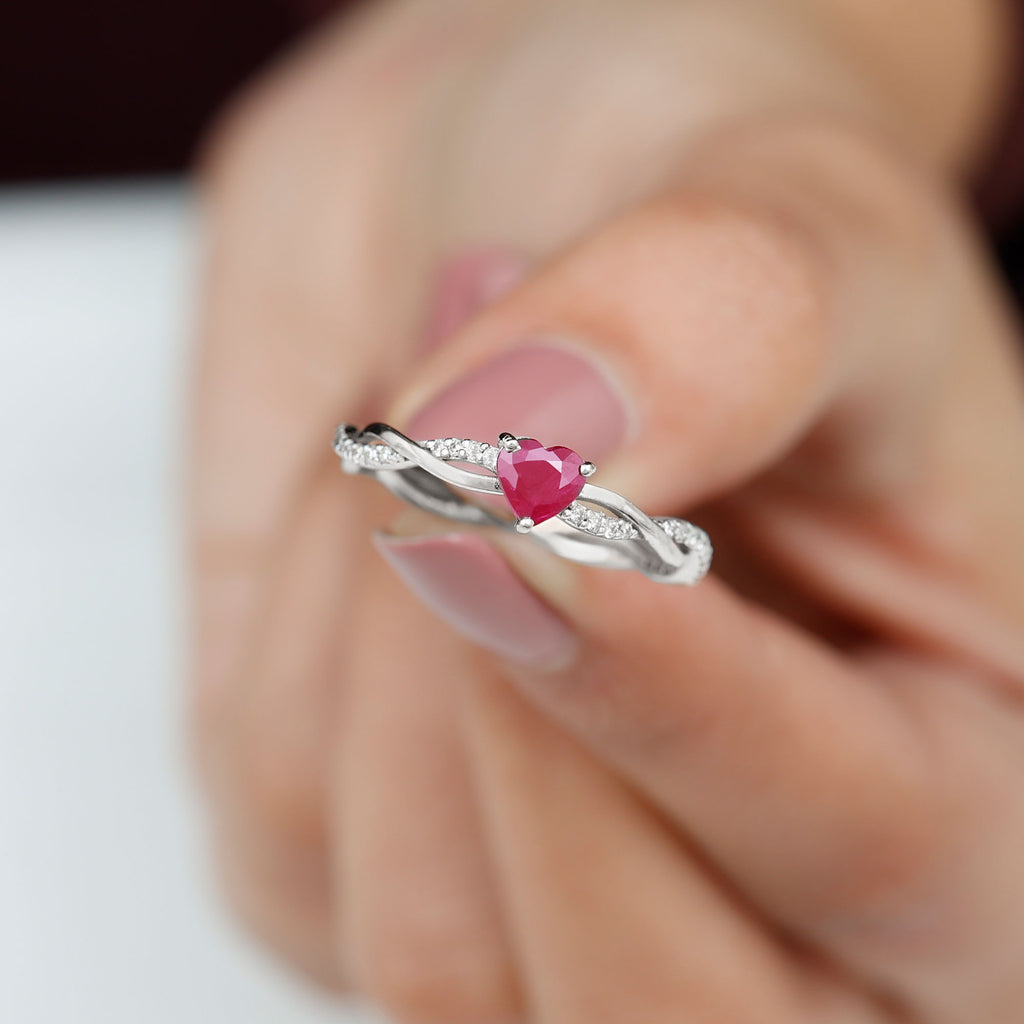 Heart Shape Ruby Solitaire Engagement Ring with Diamond, 925 Sterling Silver G964113