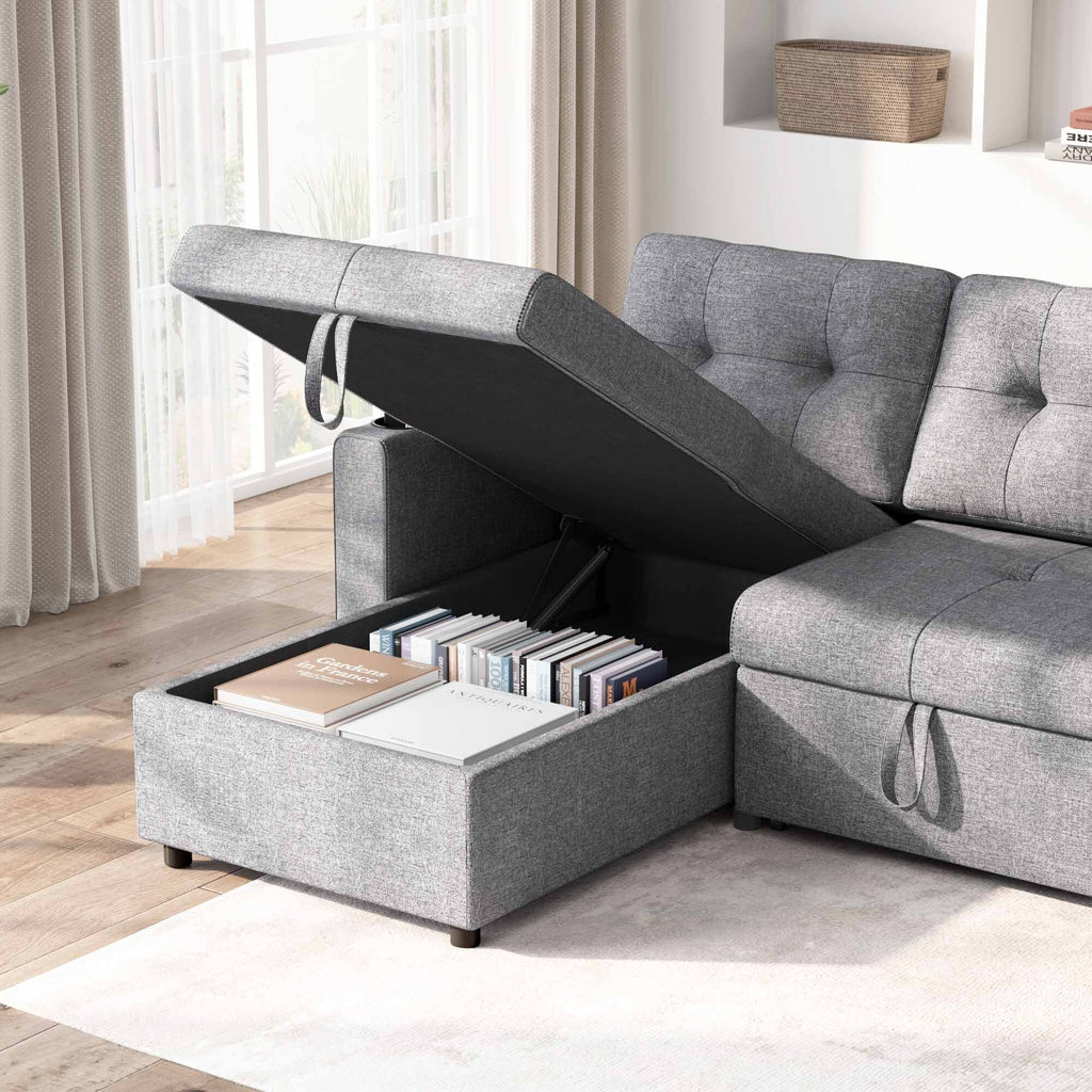 Green 3 Seater Linen Fabric Sofa Bed with Storage Chaise U145