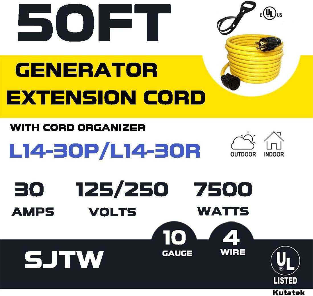 50Ft 30 Amp 125/250V 4 Prong Generator Extension Power Cord with Cord Organizer J605