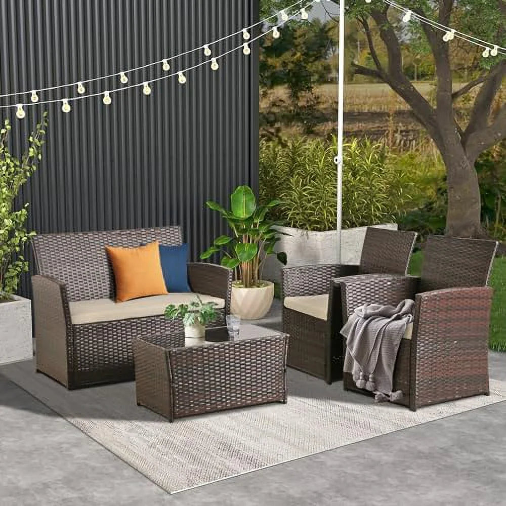 Brown Wicker 4 Piece Rattan Sectional Sofa Set with Table and Loveseat X39959