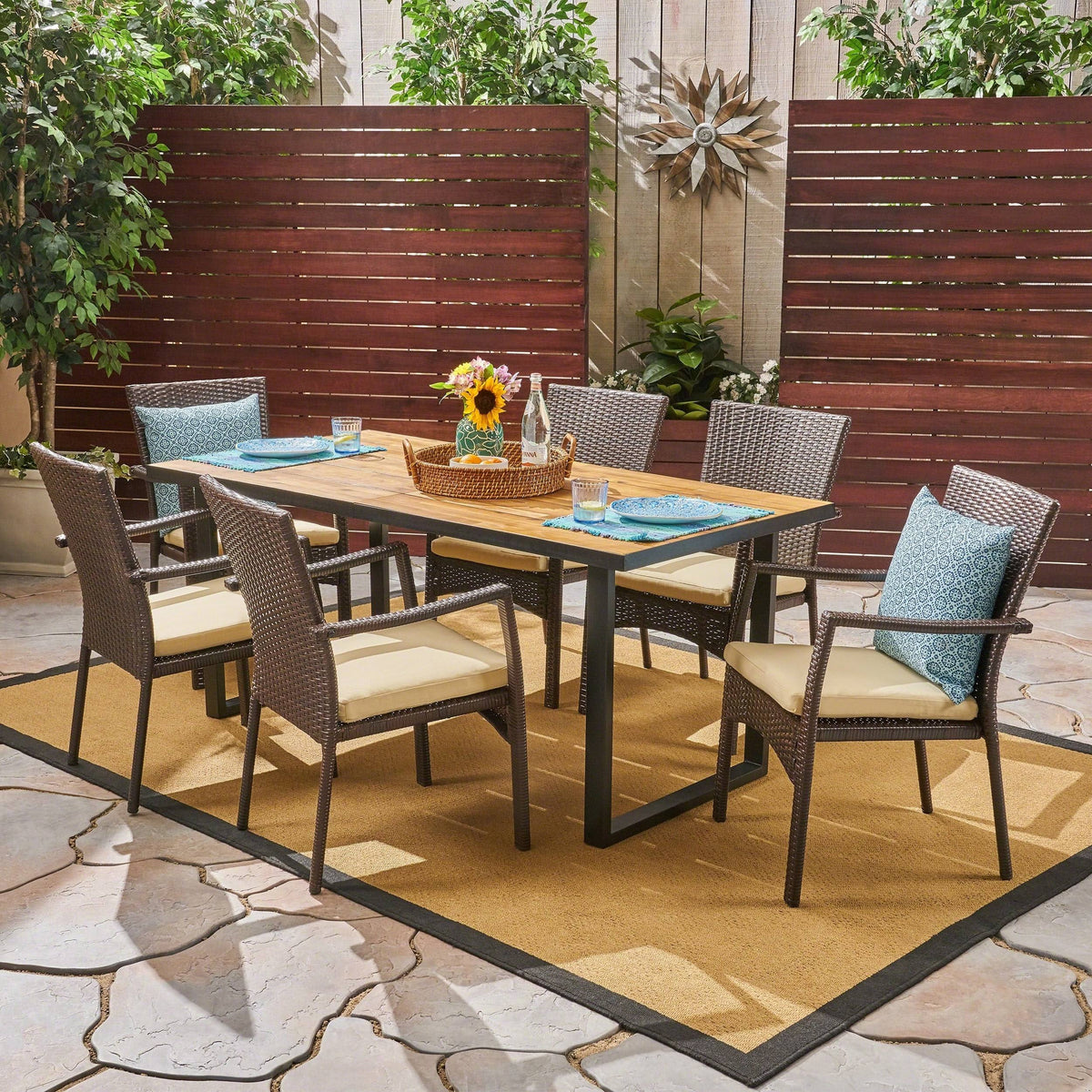 6-Seater Rectangular Acacia Wood and Wicker Dining Set K64848