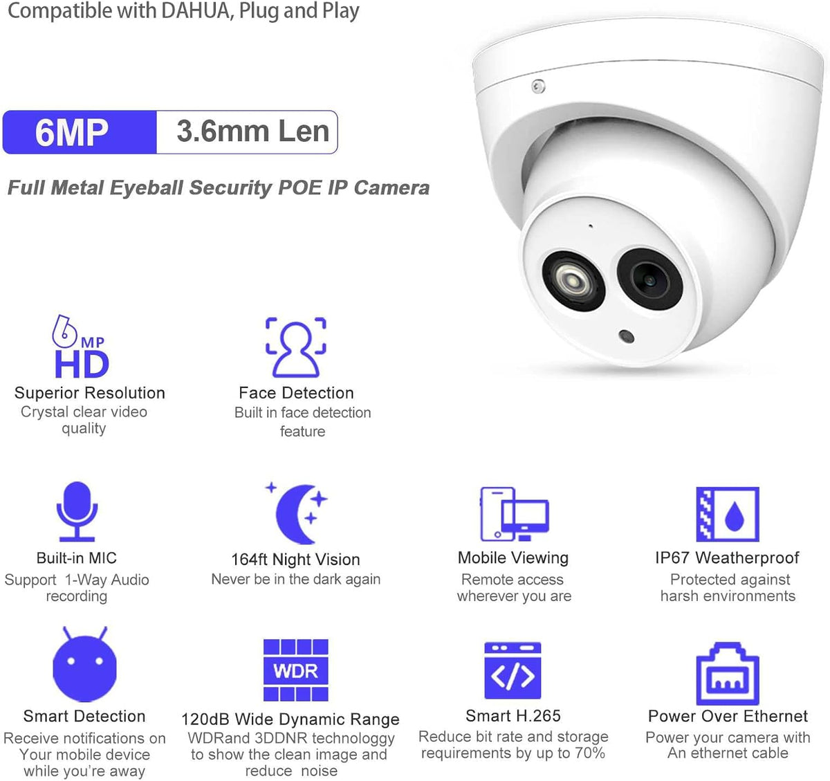 6MP PoE IP Security Camera Outdoor with Built-in-Mic, 3.6mm All-Metal Dome, 164ft IR Night Vision, IP67 H.265+ WDR 3D DNR G88192
