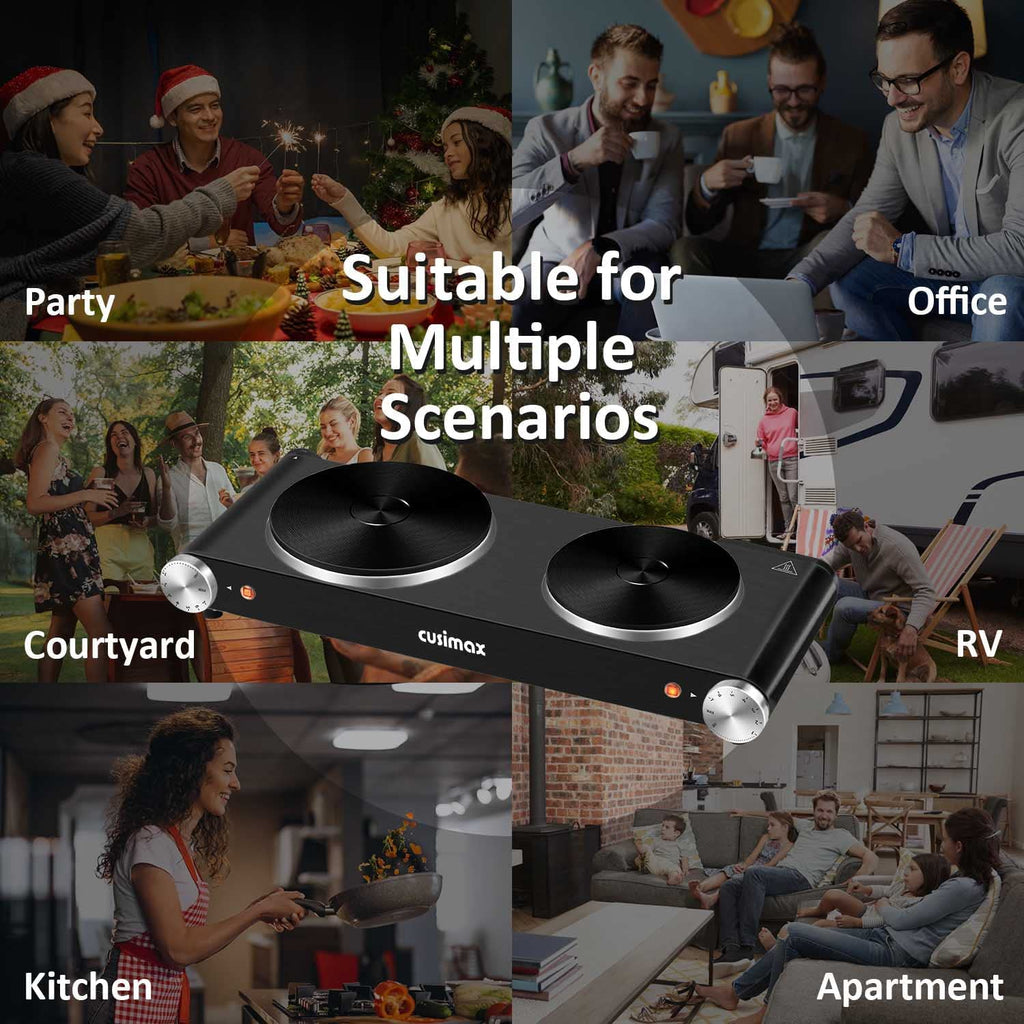 1800W Portable Electric Double Burner Cast Iron Cooktop with 7 Power Levels Q134