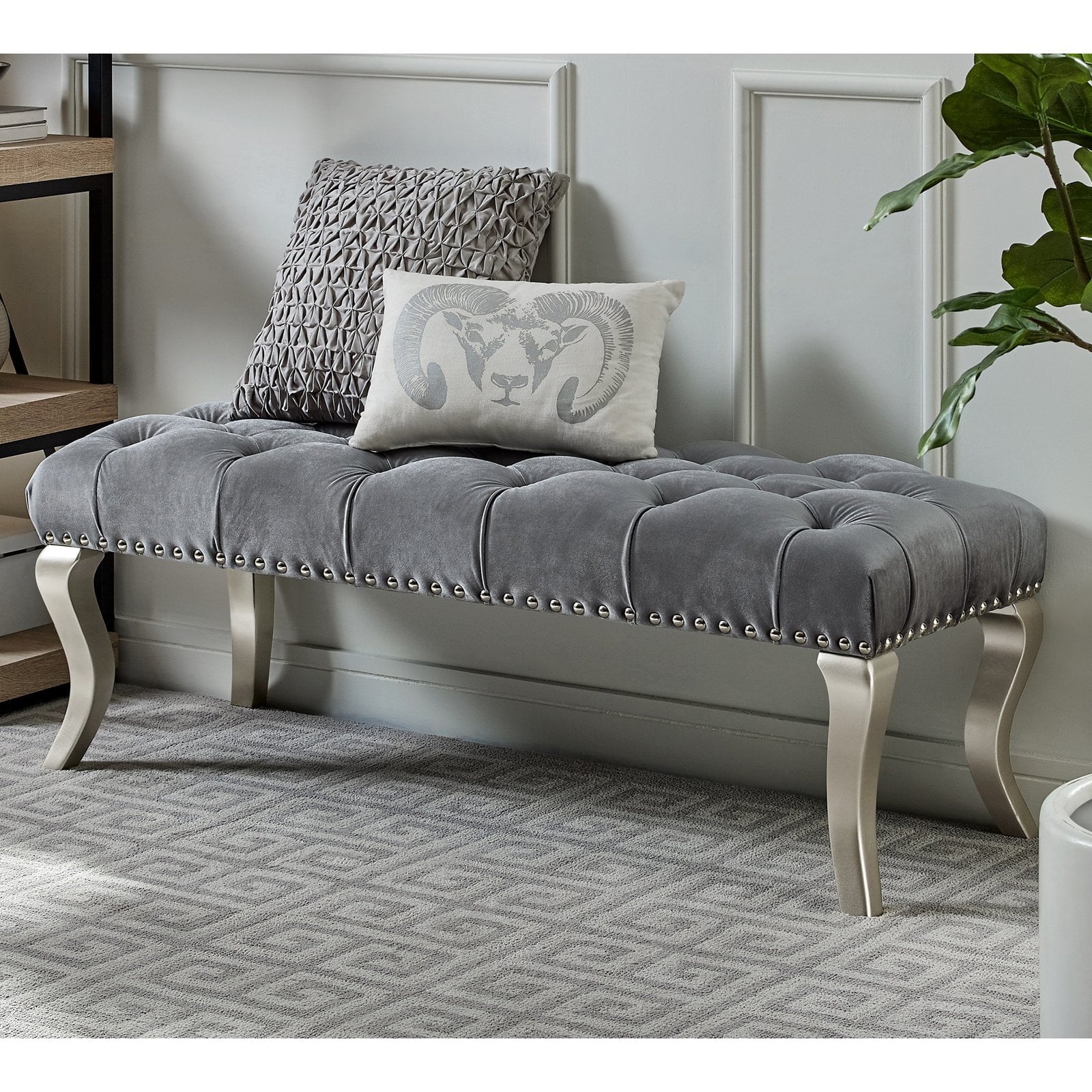 Gray Fabric Upholstered Bench with Nailhead Y128259