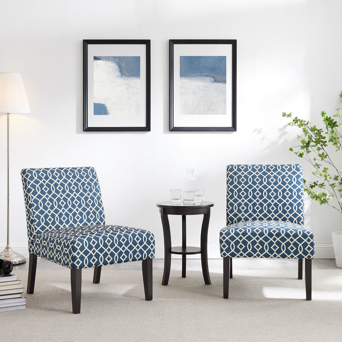 3pc Blue Fabric Upholstered Side Table and 2 Chairs U489
