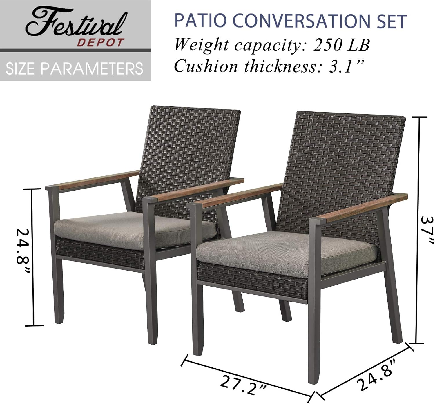 2Pcs Patio Armchair Set Metal Chair With Seat Cushions And Rattan Wicker Back Outdoor Furniture X51411
