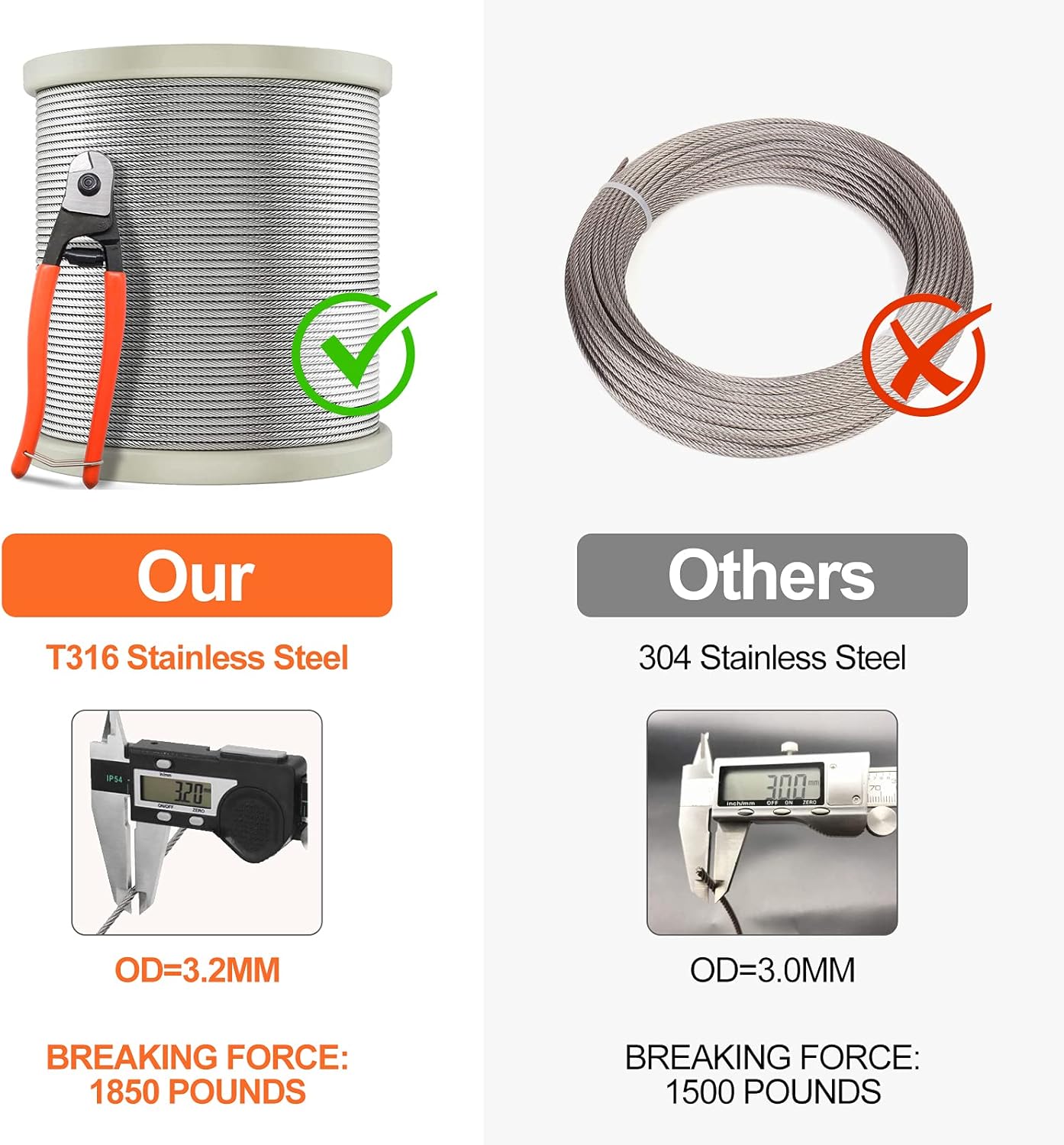 400FT 1/8 T316 Stainless Steel Wire Rope Cable with Cable Cutter U65144