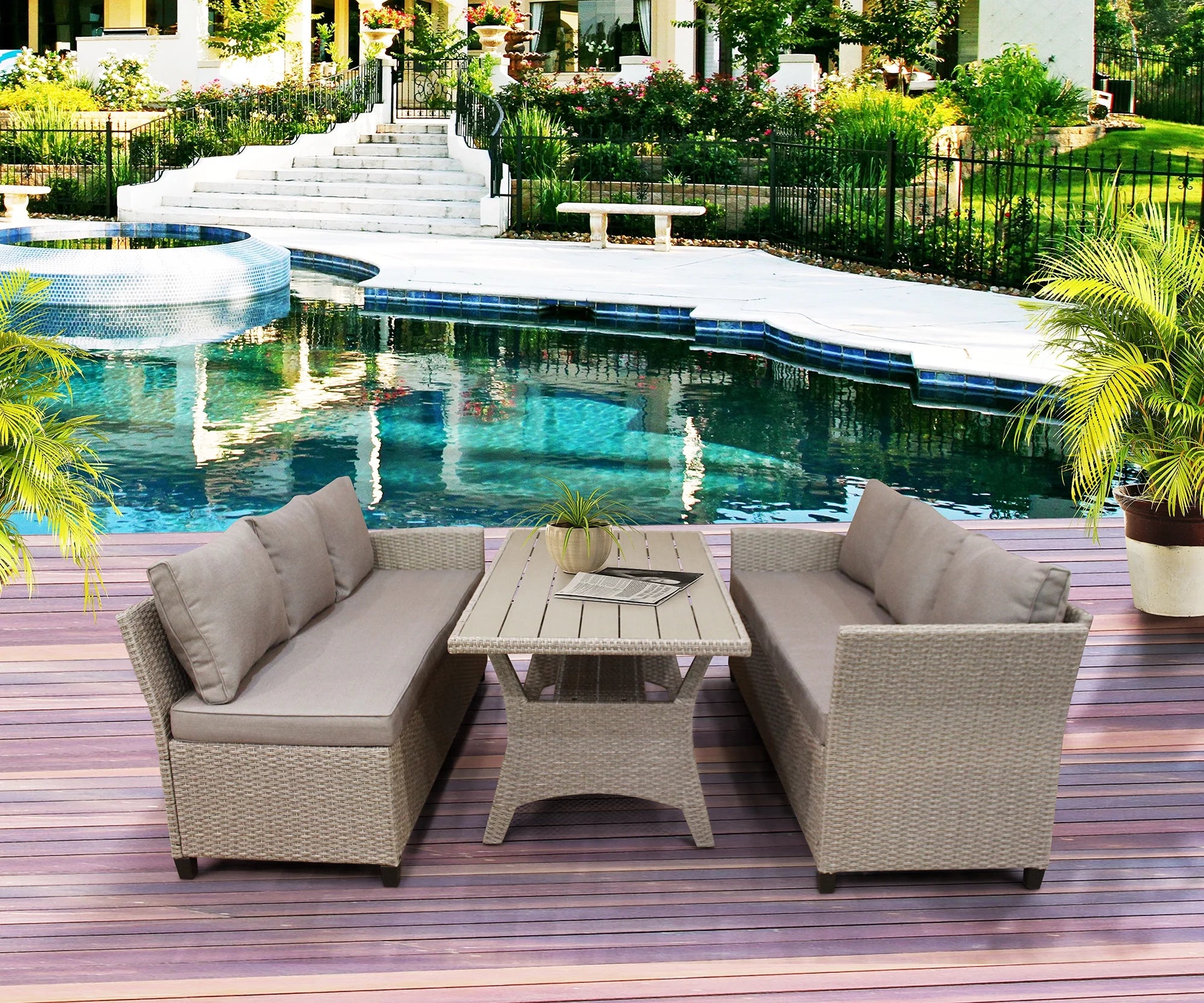 3-Piece PE Wicker Patio Conversation Set with Dining Table E920299