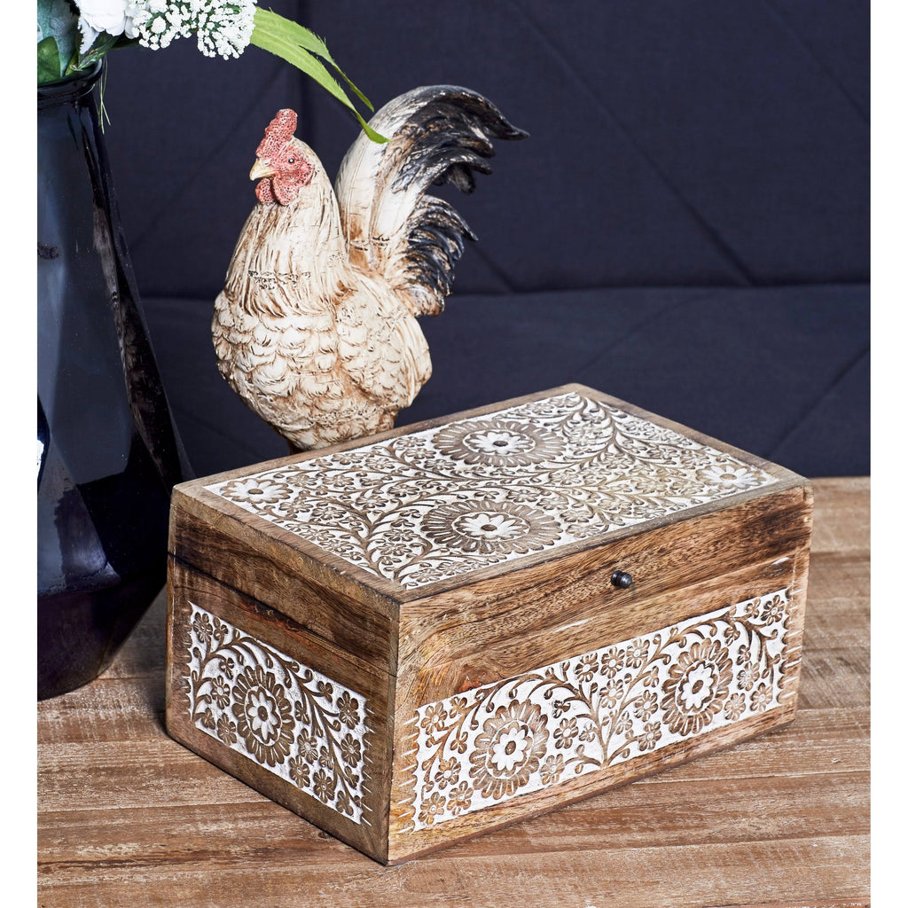 Set of 3 Mango Wood Carved Floral Boxes Brown Q68790
