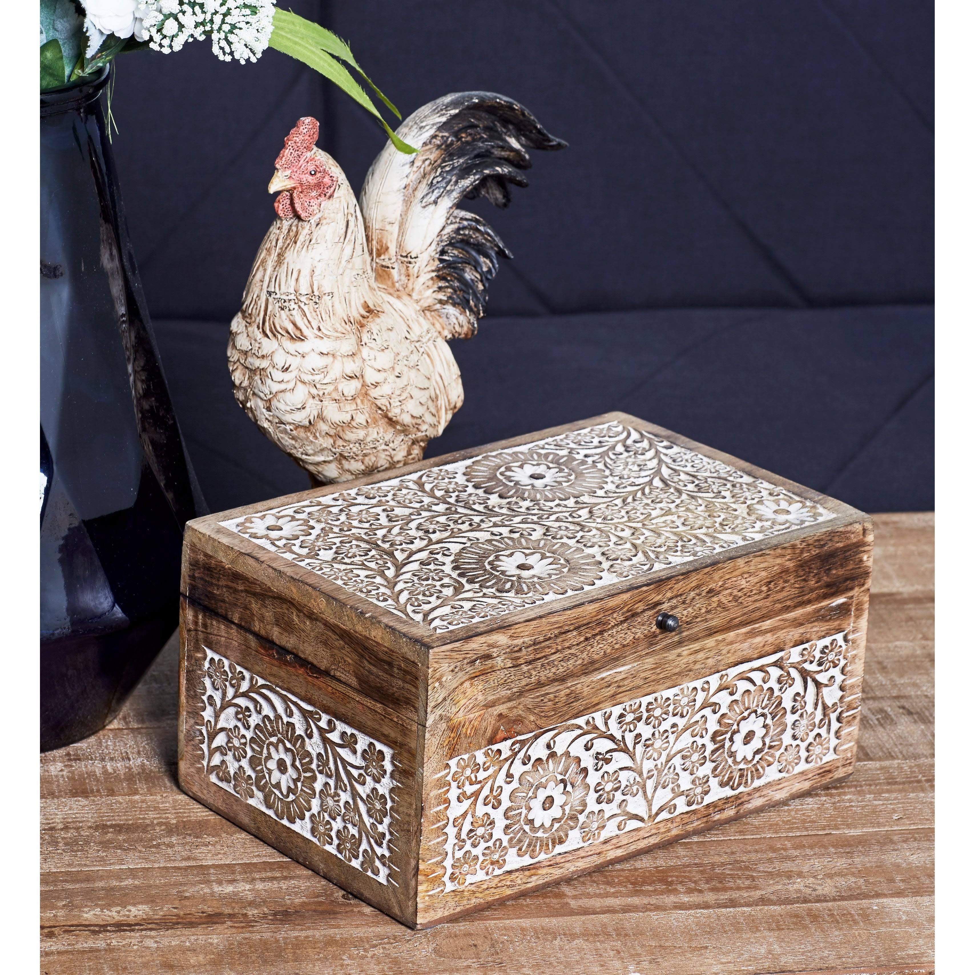 Set of 3 Mango Wood Carved Floral Boxes Brown Q68790