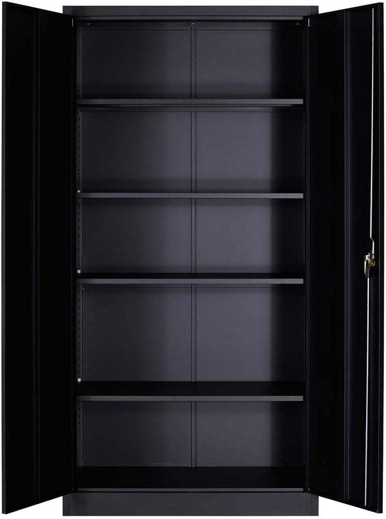 Black Metal Storage Cabinet with 4 Adjustable Shelves and 2 Locking Doors W597