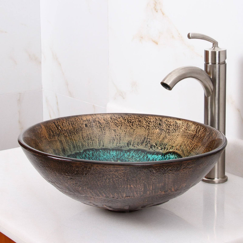 Volcanic Pattern Tempered Glass Bathroom Vessel Sink with Chrome Faucet Combo Y295