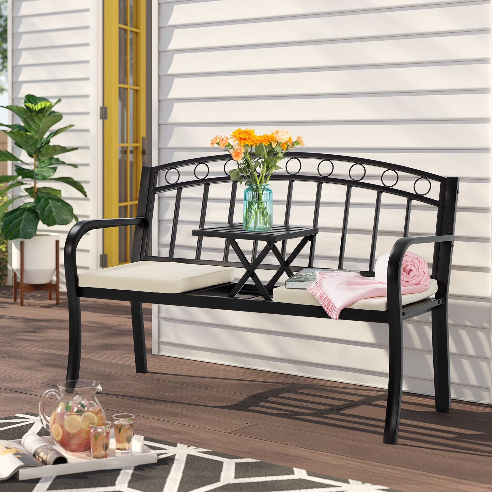 Black Steel Double Seat Patio Bench D363668