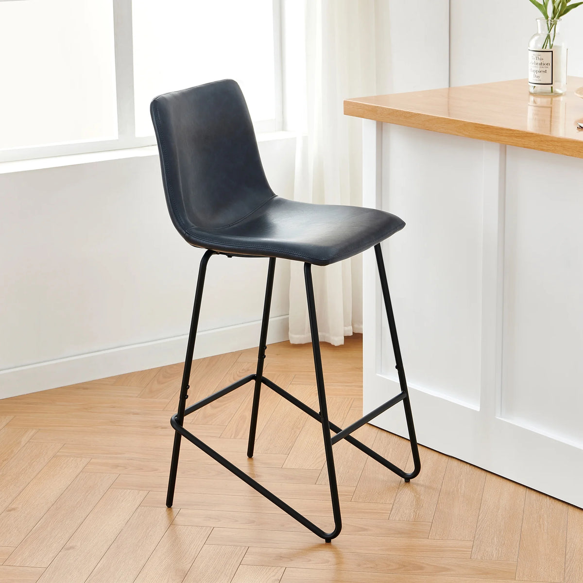 Navy Blue Faux Leather Counter Height Bar Stools, Set of 2 N6175