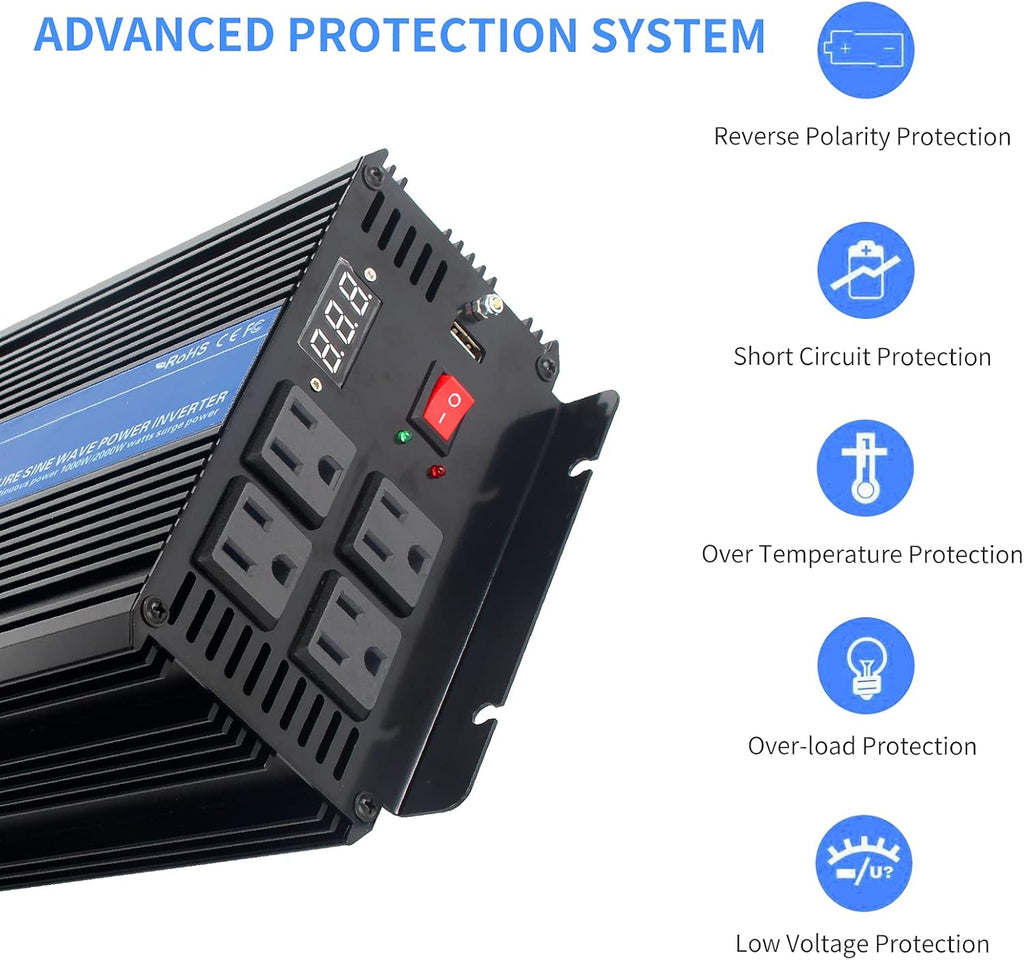 1000W Pure Sine Wave Power Inverter DC 12V to AC 110V with 4 AC Outlets and 1 USB Port H6755