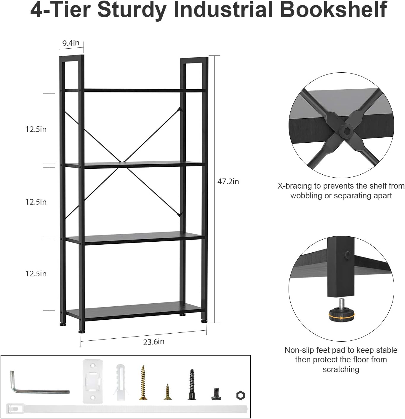 Black 4 Tier Wooden and Metal Bookshelf N926142