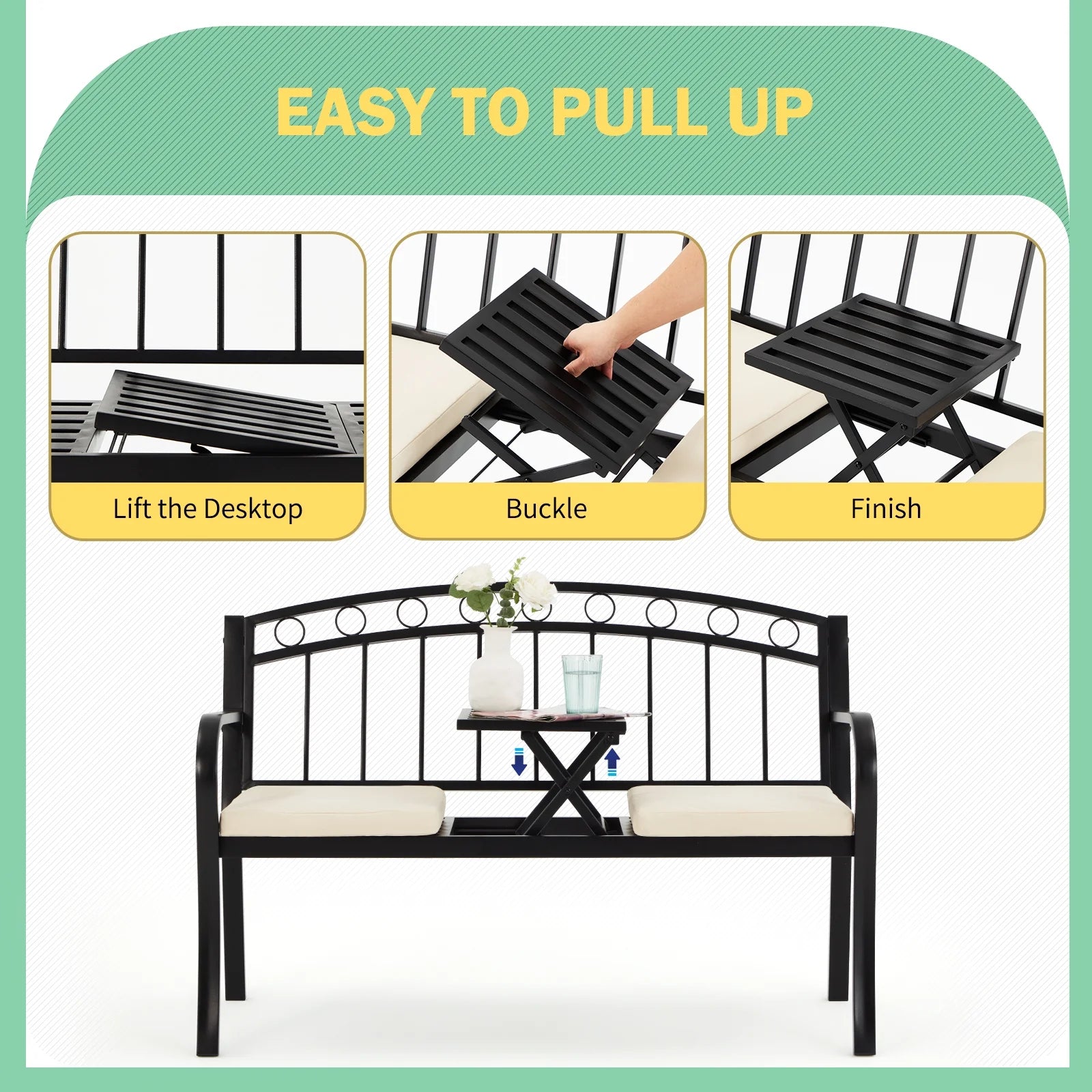 Black Steel Double Seat Patio Bench D363668