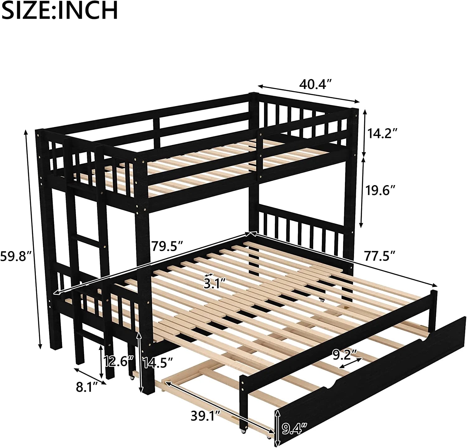 Twin Over Twin/King Wooden Bunk Bed with Trundle and Ladder C833519