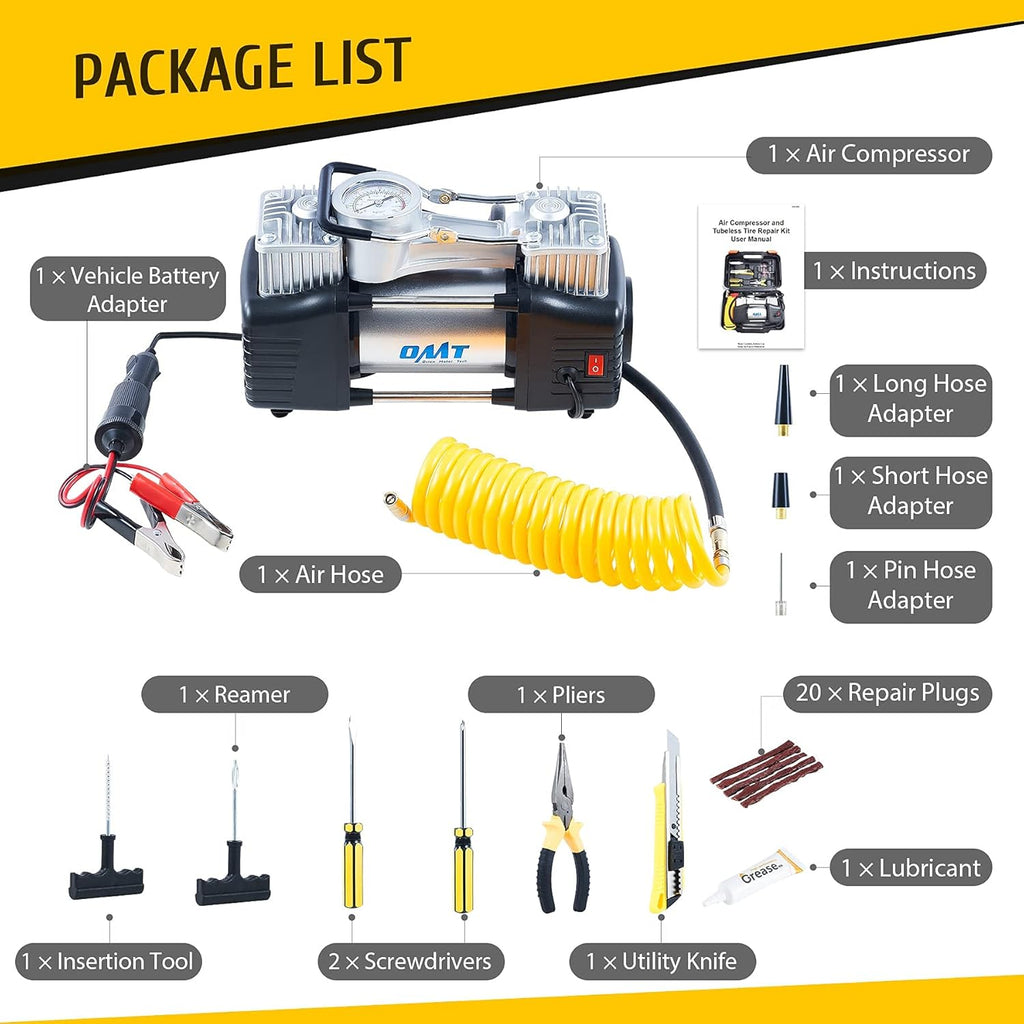 Double Cylinder Tire Inflator 30pc Tire Repair Kit 12V 150psi Air Compressor Pressure Gauge Heavy Duty Tools Pack of 2 N27159