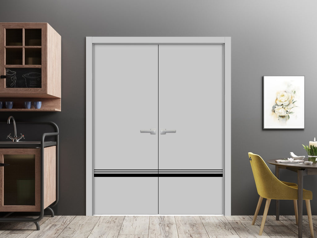 Solid French Double Doors 48 x 84 inches Grey Matte with Frosted Glass Wood Solid Panel Frame Trims Y413547