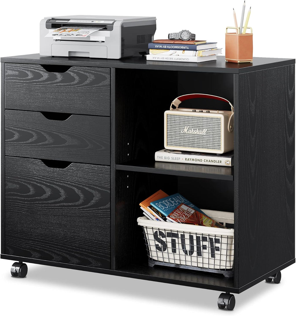 Black 3-Drawer Mobile Wood File Cabinet with Open Storage Shelves Z15396